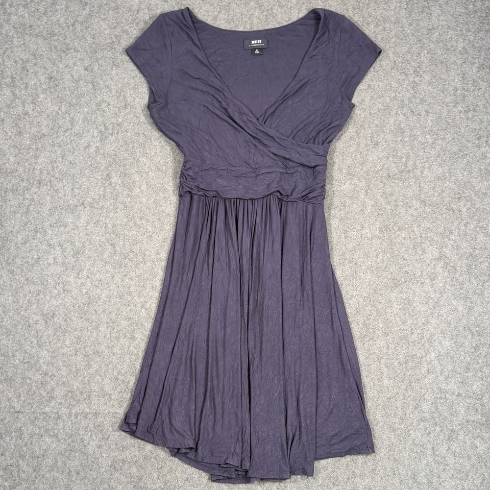 Maeve Anthropologie Purple Midi Dress V-Neck Ruched Waist Rayon Stretch Size M